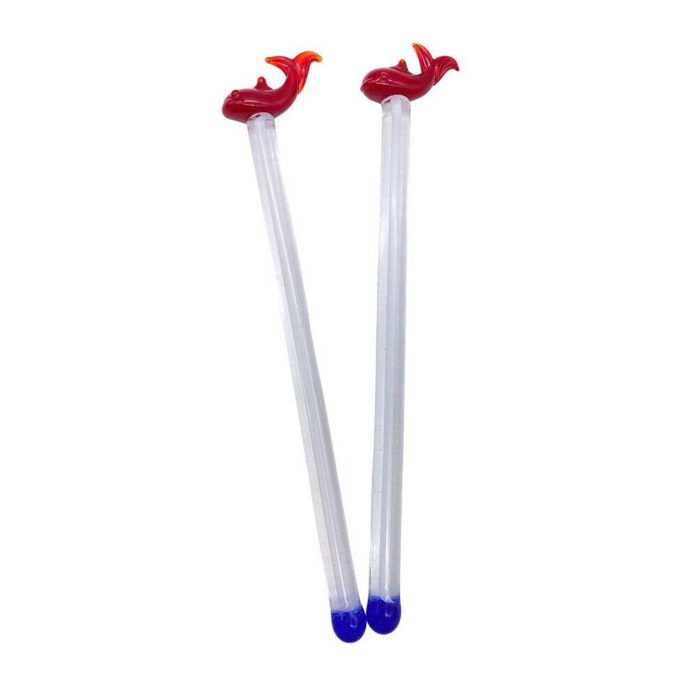 Glass handblown Red Whale swizzle sticks‎ Cocktail stirrers 5.5" barware